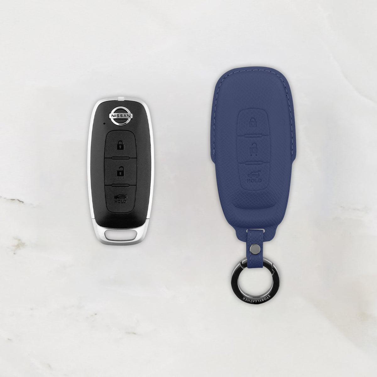 Blue leather key cover for Nissan smart key