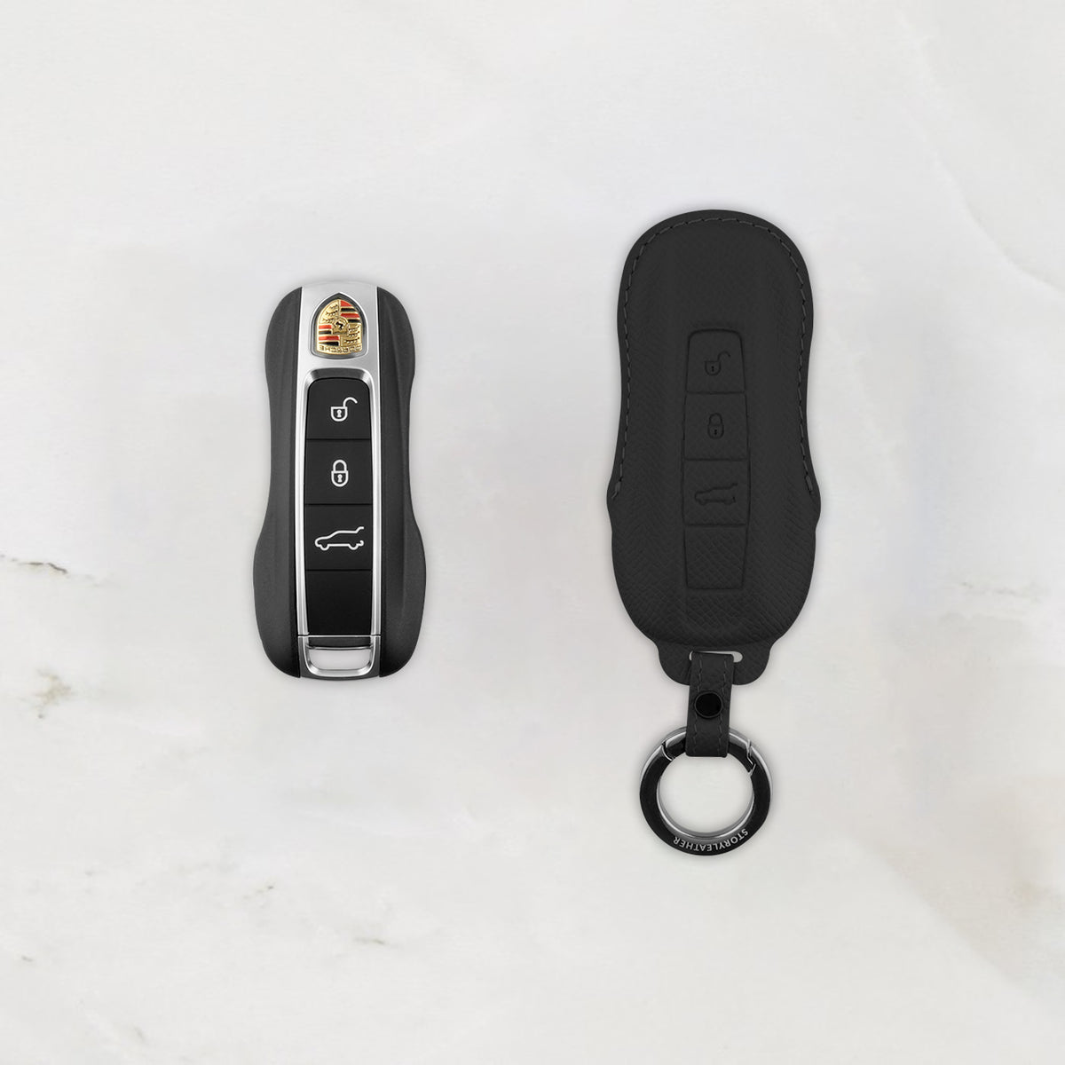 Black leather key cover for Porsche smart key
