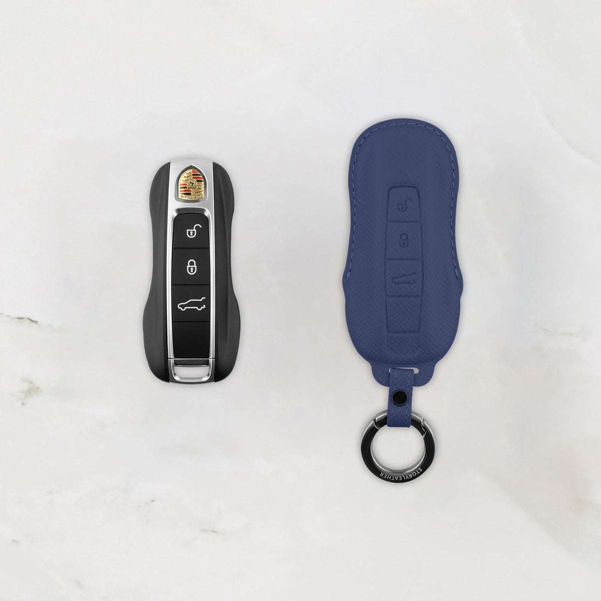 Blue leather key cover for Porsche smart key