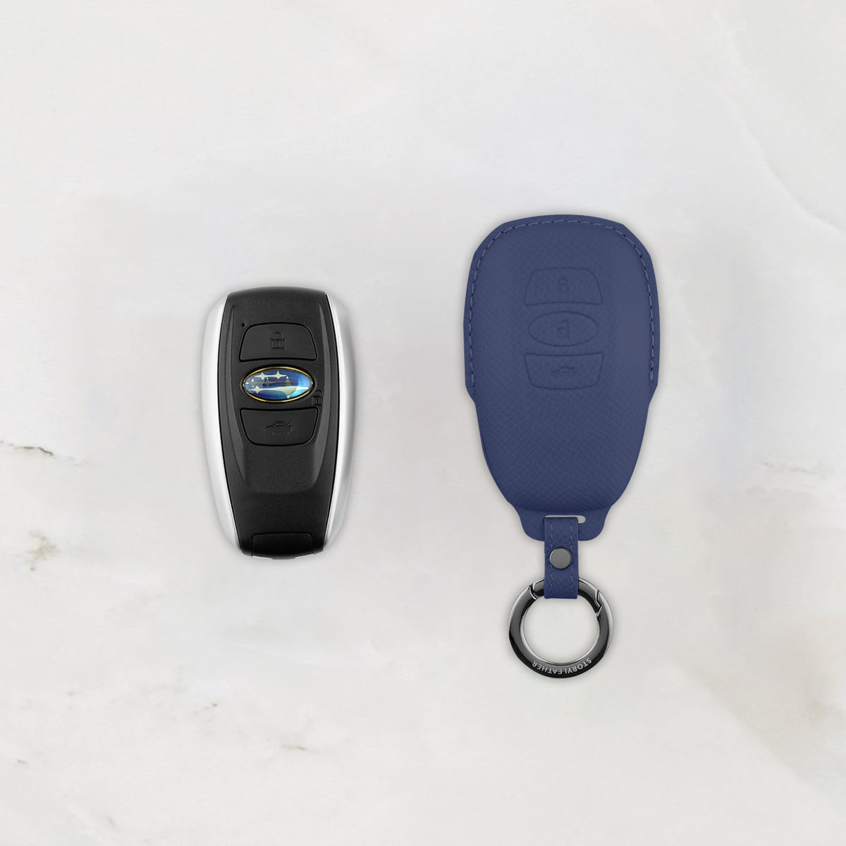 Blue leather key cover for Subaru smart key