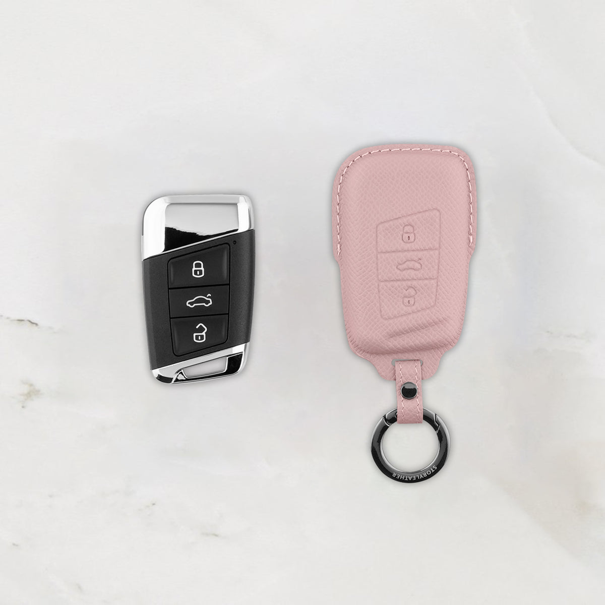 Pink leather key cover for Volkswagen & Skoda smart key