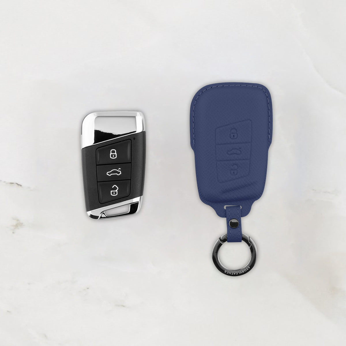 Blue leather key cover for Volkswagen & Skoda smart key