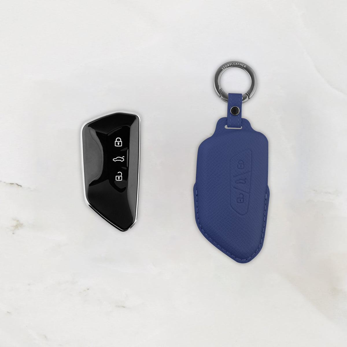 Blue leather key cover for Volkswagen & Skoda smart key