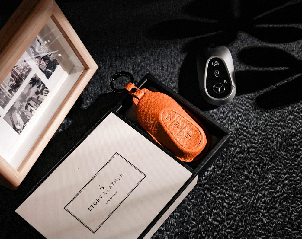 Orange Leather Key Cover for Mercedes-Benz Smart Key (Style O3)