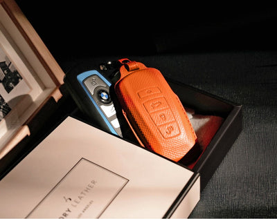 Orange Leather Key Cover for BMW Smart Key (Style R4)
