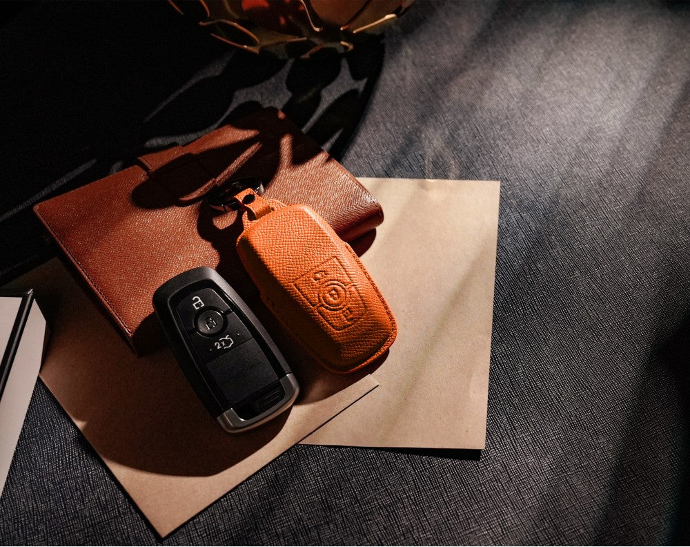 Orange Leather Key Cover for Ford Smart Key (Style R3)