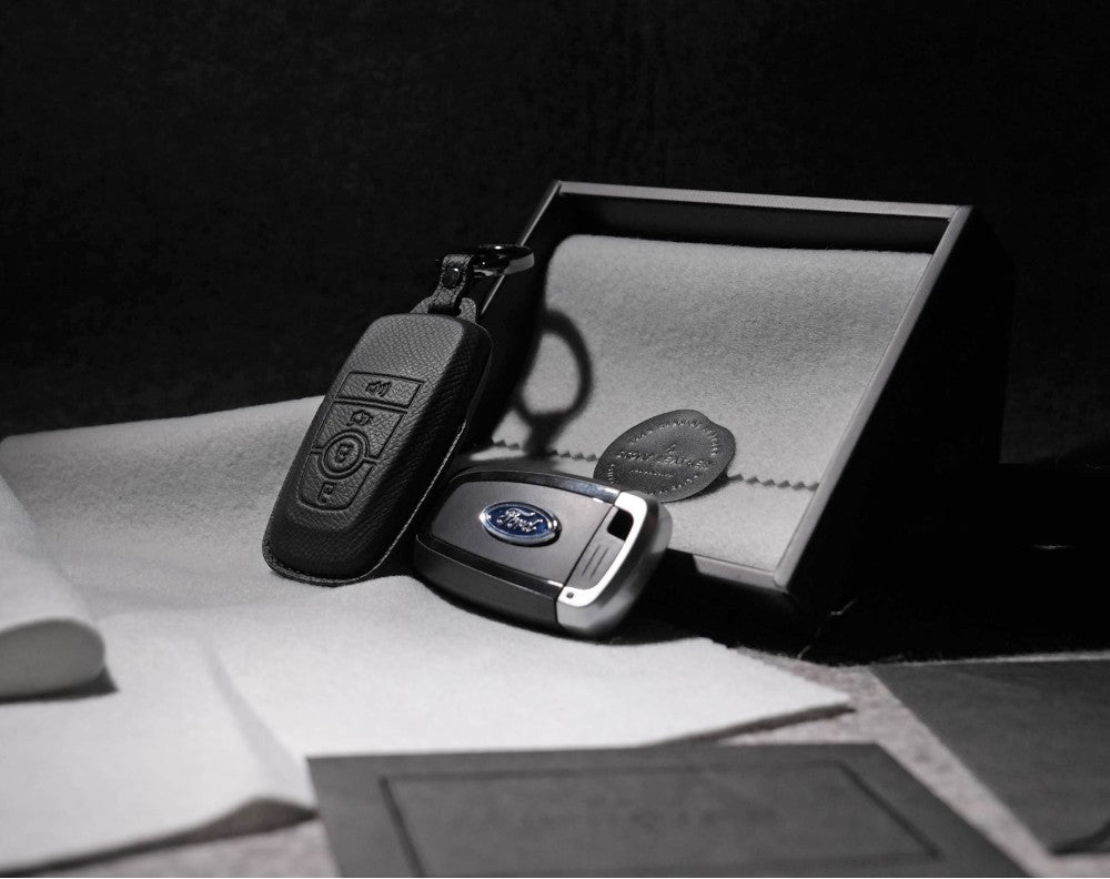 Black Leather Key Cover for Ford Smart Key (Style R4)