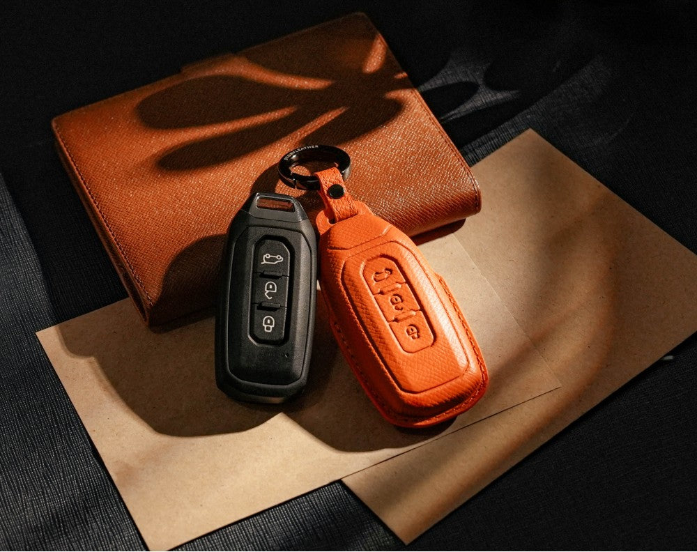 Orange Leather Key Cover for Ford Smart Key (Style T3)