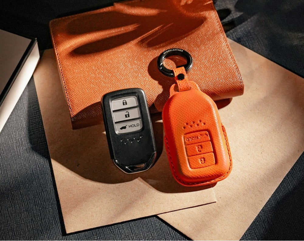 Orange Leather Key Cover for Honda Smart Key (Style R3)