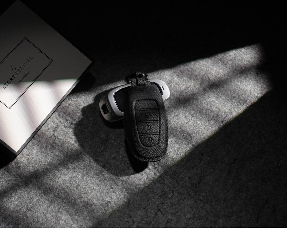 Black Leather Key Cover for Hyundai Smart Key (Style R3)