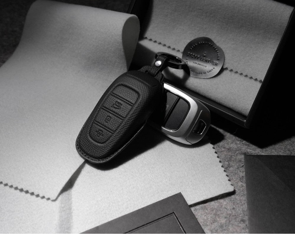 Black Leather Key Cover for Hyundai Smart Key (Style R3)