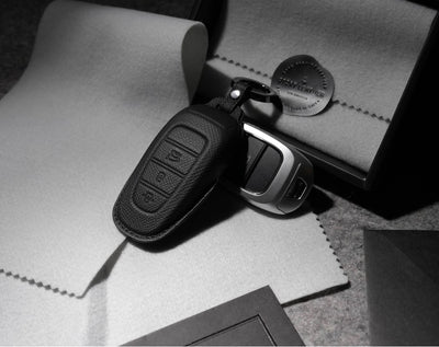 Black Leather Key Cover for Hyundai Smart Key (Style R3)
