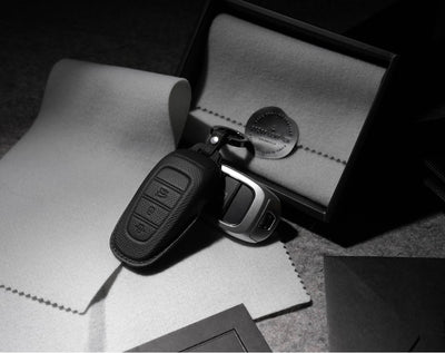 Black Leather Key Cover for Hyundai Smart Key (Style R3)