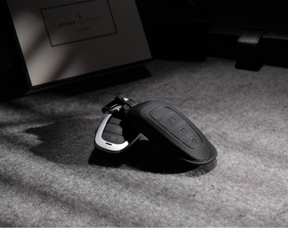 Black Leather Key Cover for Hyundai Smart Key (Style R3)