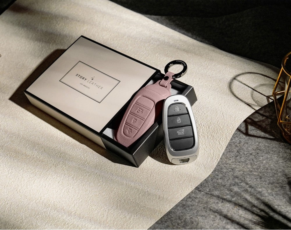 Pink Leather Key Cover for Hyundai Smart Key (Style R3)