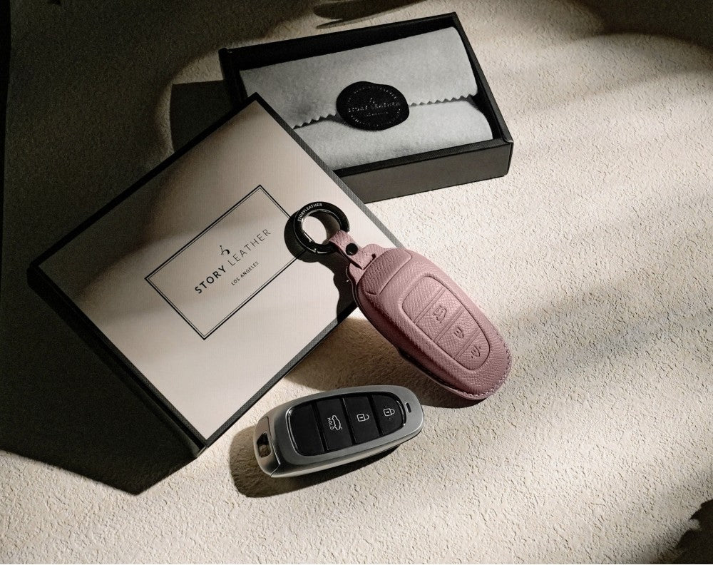 Pink Leather Key Cover for Hyundai Smart Key (Style R3)