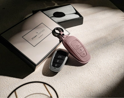 Pink Leather Key Cover for Hyundai Smart Key (Style R3)