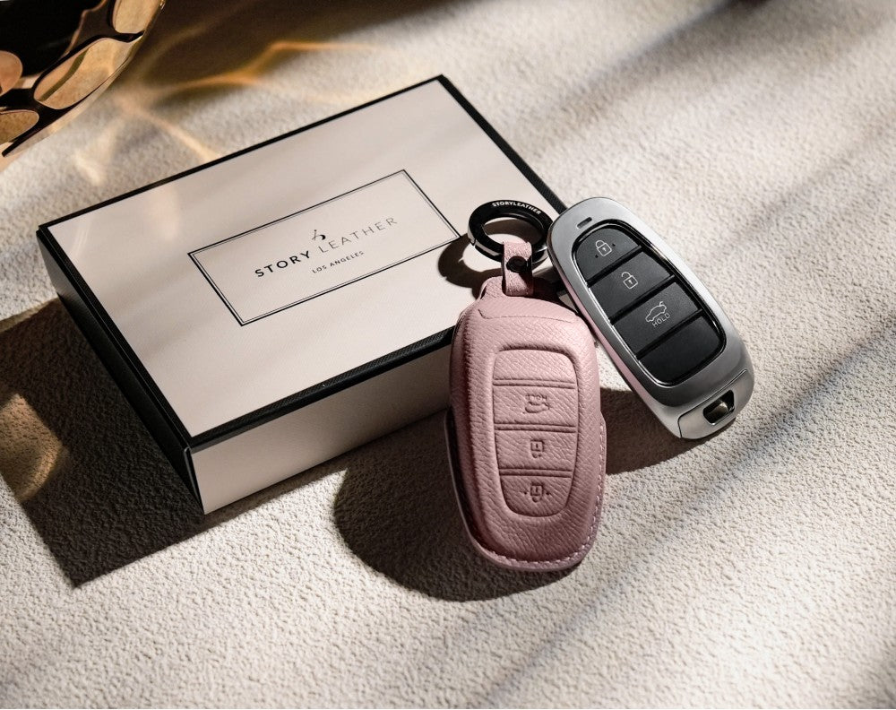 Pink Leather Key Cover for Hyundai Smart Key (Style R3)