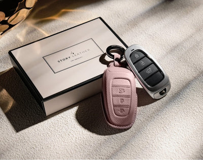 Pink Leather Key Cover for Hyundai Smart Key (Style R3)