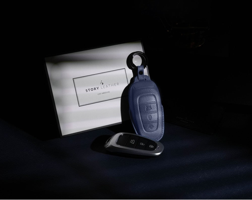 Blue Leather Key Cover for Hyundai Smart Key (Style R3)