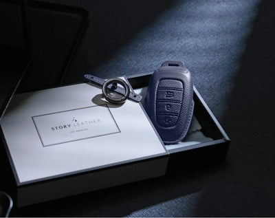 Blue Leather Key Cover for Hyundai Smart Key (Style R3)