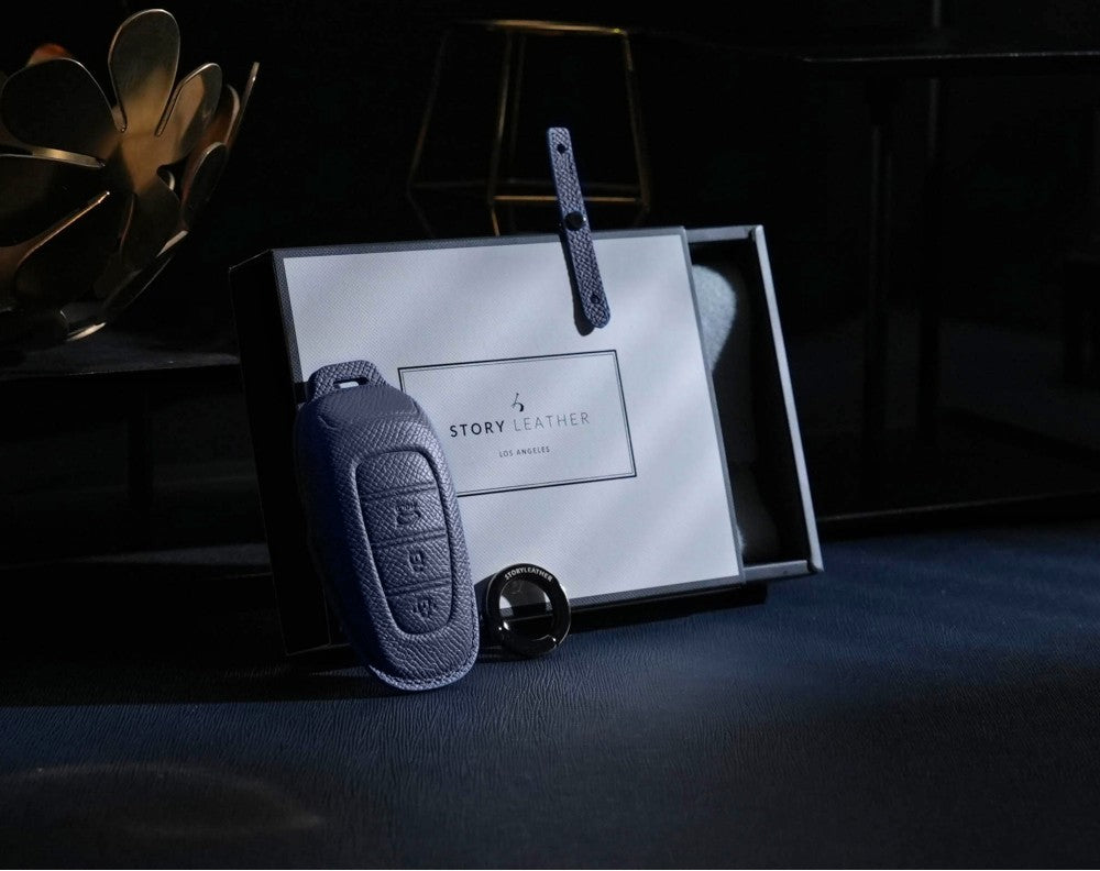 Blue Leather Key Cover for Hyundai Smart Key (Style R3)