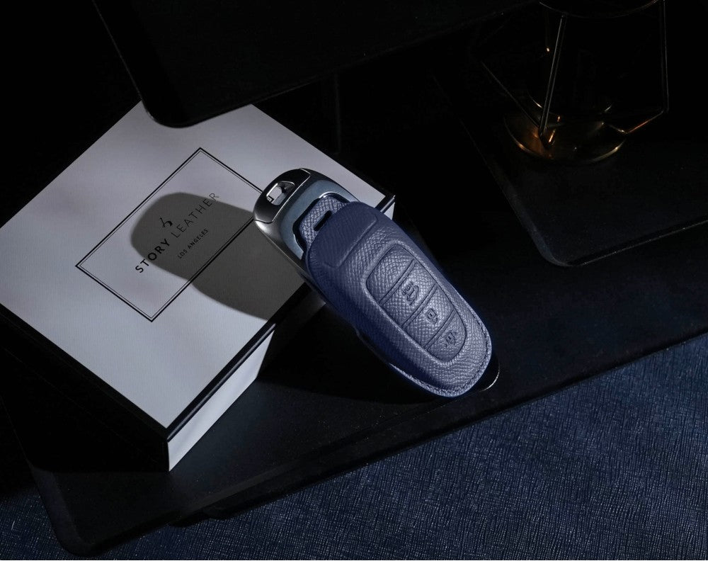 Blue Leather Key Cover for Hyundai Smart Key (Style R3)