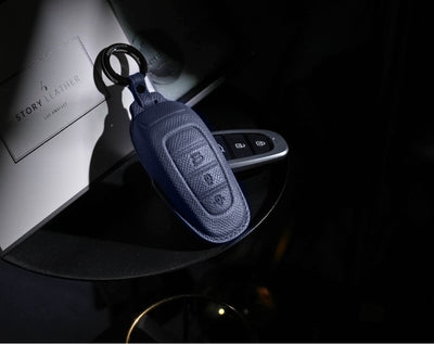 Blue Leather Key Cover for Hyundai Smart Key (Style R3)