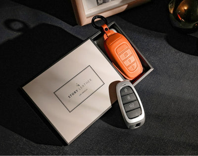 Orange Leather Key Cover for Hyundai Smart Key (Style R3)
