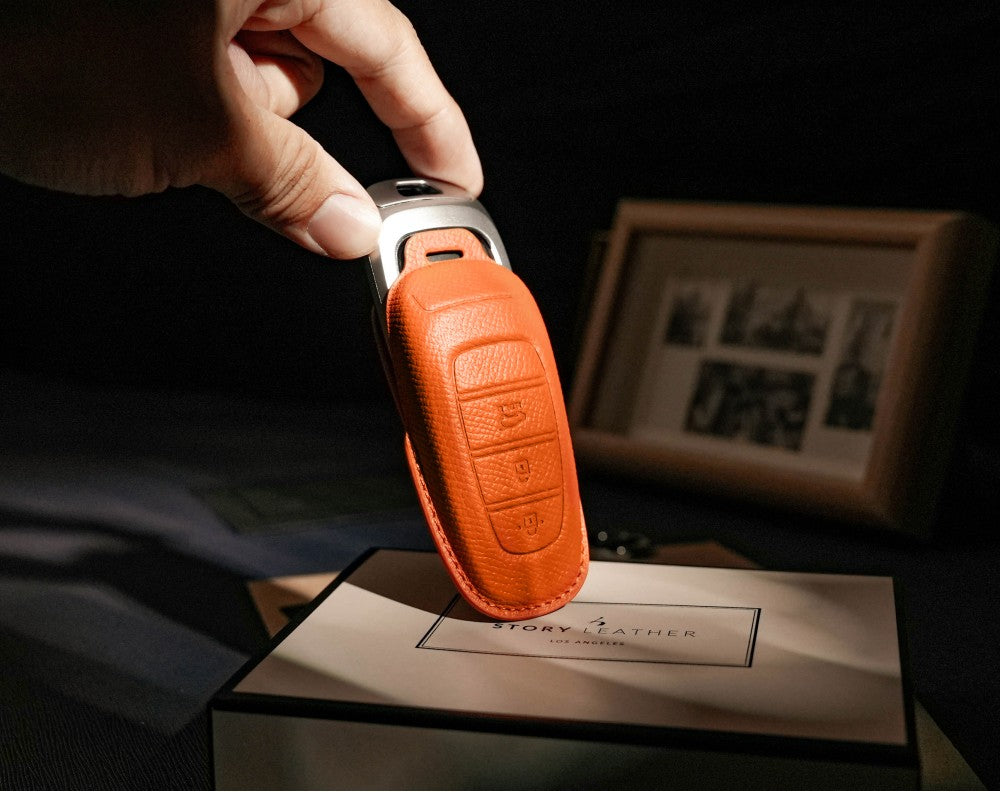 Orange Leather Key Cover for Hyundai Smart Key (Style R3)