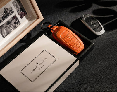 Orange Leather Key Cover for Hyundai Smart Key (Style R3)