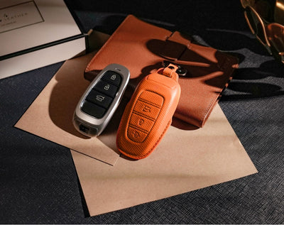 Orange Leather Key Cover for Hyundai Smart Key (Style R3)