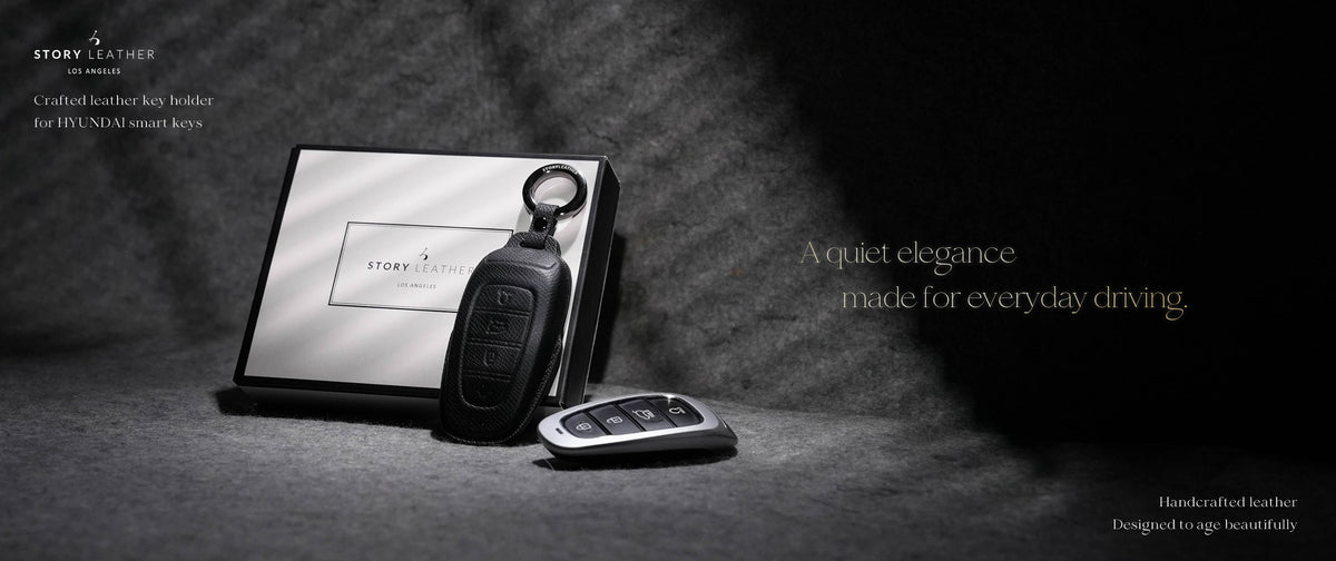 Black Leather Key Cover for Hyundai Smart Key (Style R4)