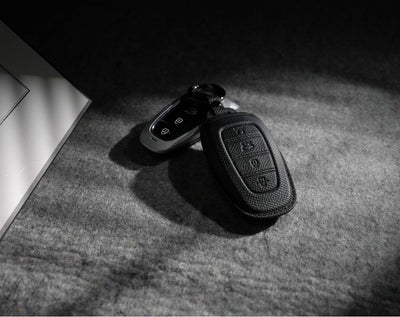 Black Leather Key Cover for Hyundai Smart Key (Style R4)