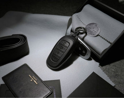 Black Leather Key Cover for Hyundai Smart Key (Style R4)