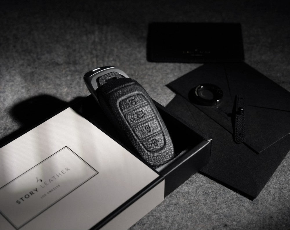 Black Leather Key Cover for Hyundai Smart Key (Style R4)