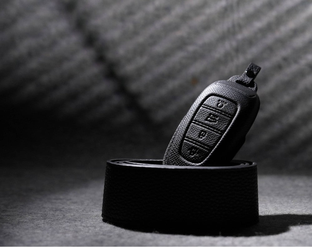 Black Leather Key Cover for Hyundai Smart Key (Style R4)