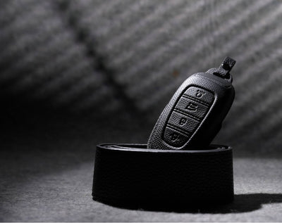 Black Leather Key Cover for Hyundai Smart Key (Style R4)