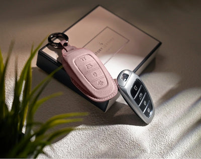 Pink Leather Key Cover for Hyundai Smart Key (Style R4)