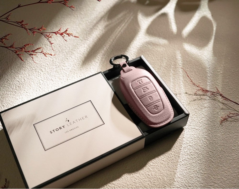 Pink Leather Key Cover for Hyundai Smart Key (Style R4)