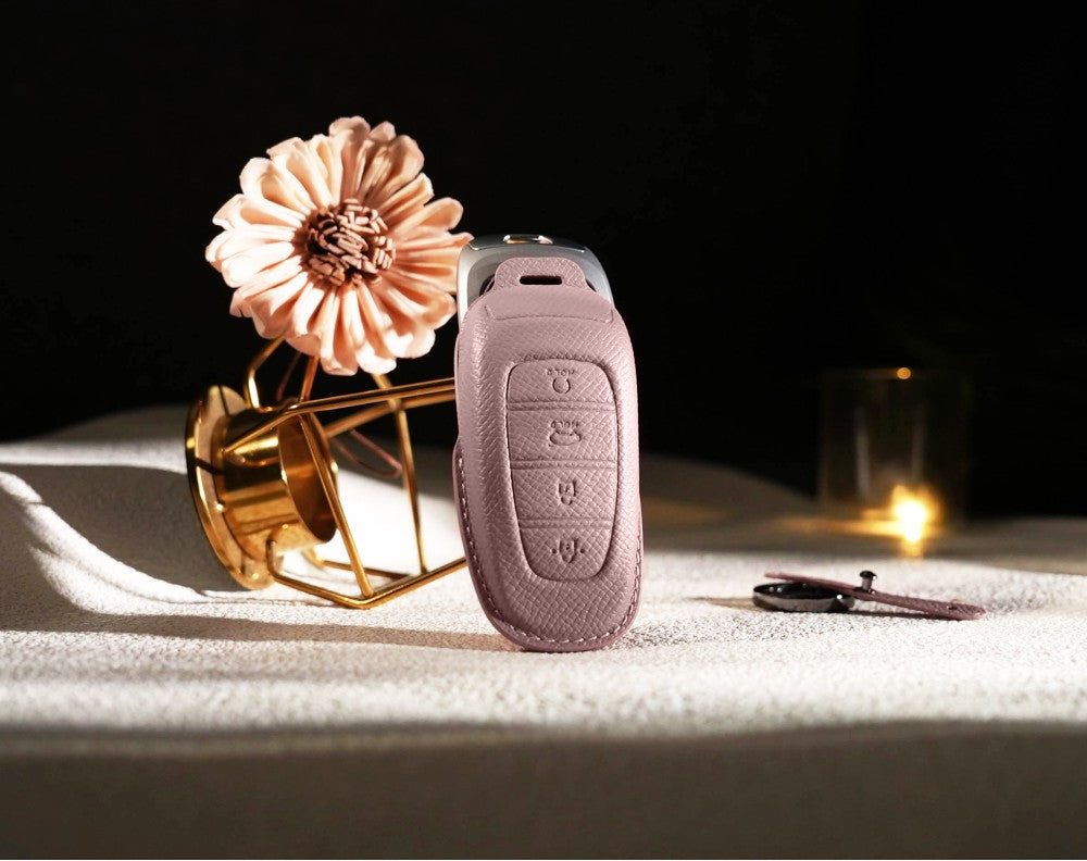 Pink Leather Key Cover for Hyundai Smart Key (Style R4)