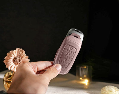Pink Leather Key Cover for Hyundai Smart Key (Style R4)