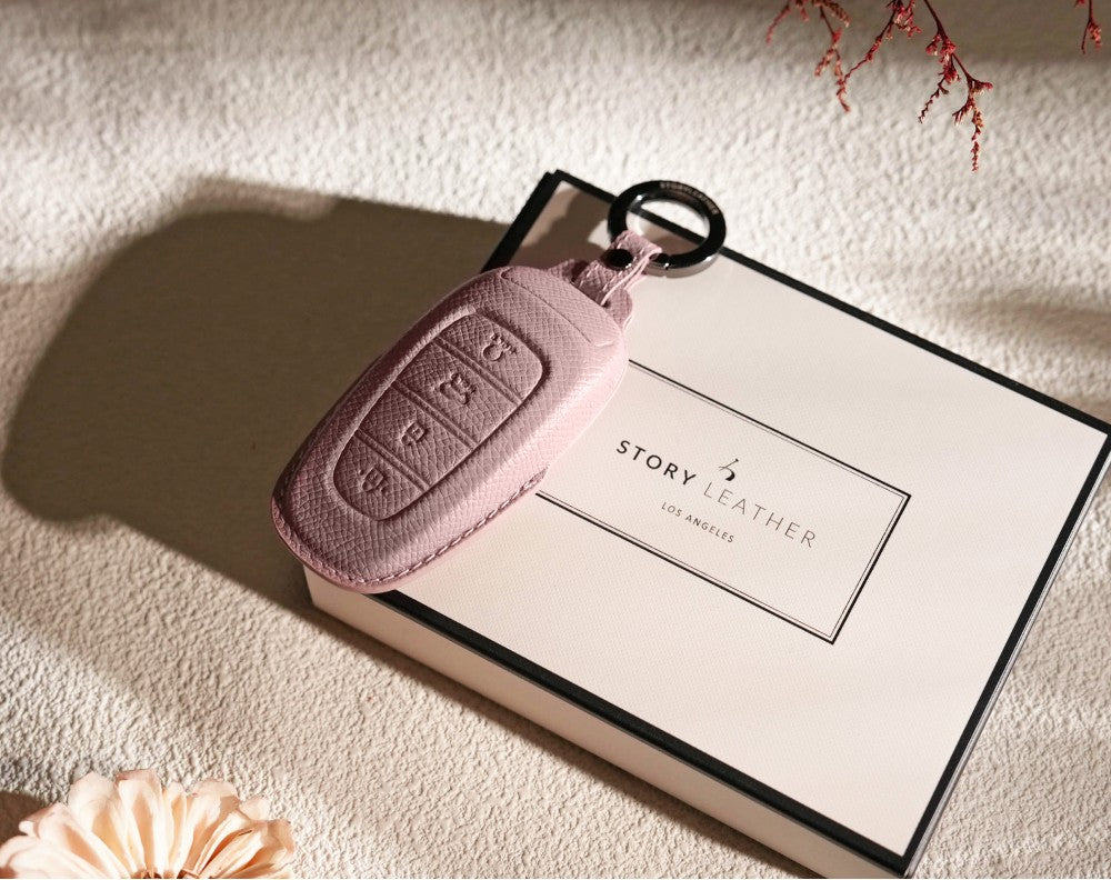 Pink Leather Key Cover for Hyundai Smart Key (Style R4)