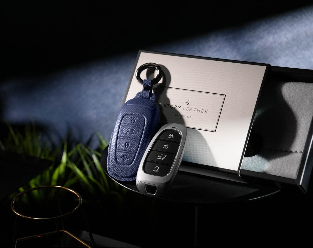 Blue Leather Key Cover for Hyundai Smart Key (Style R4)