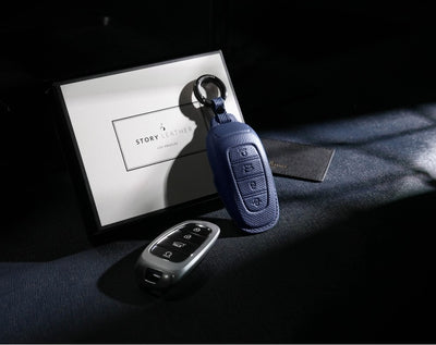 Blue Leather Key Cover for Hyundai Smart Key (Style R4)