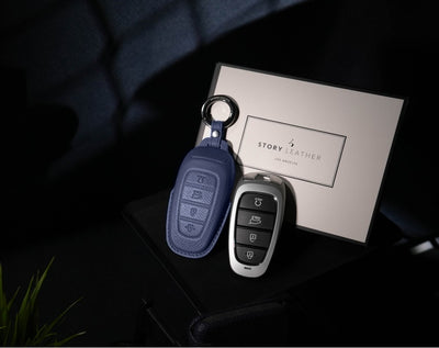 Blue Leather Key Cover for Hyundai Smart Key (Style R4)