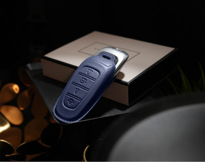 Blue Leather Key Cover for Hyundai Smart Key (Style R4)