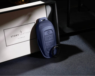 Blue Leather Key Cover for Hyundai Smart Key (Style R4)