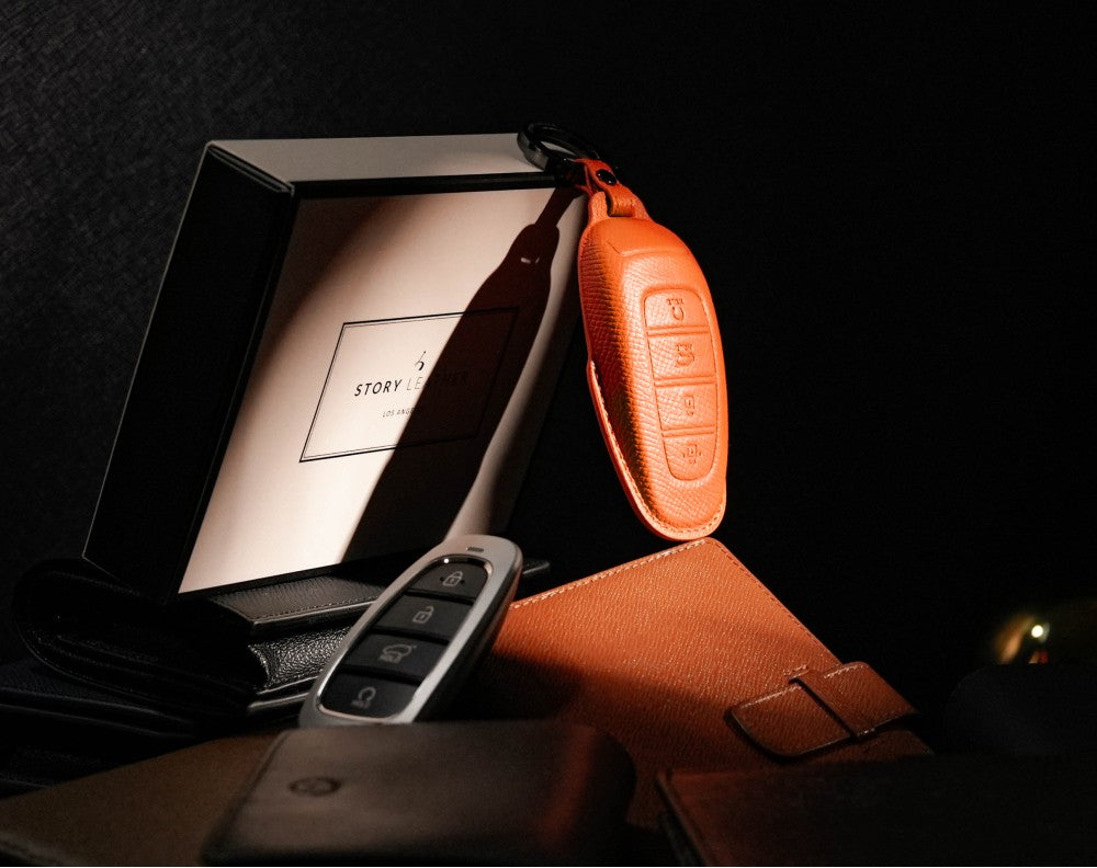 Orange Leather Key Cover for Hyundai Smart Key (Style R4)
