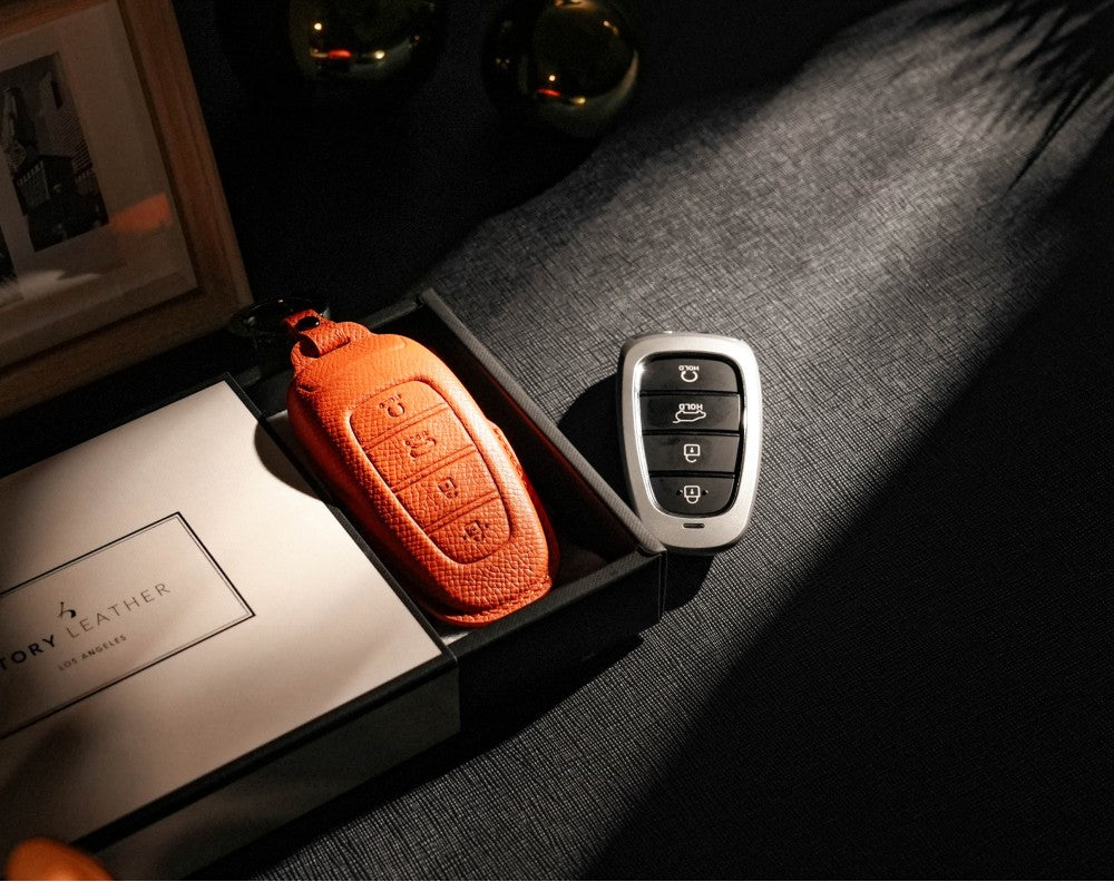 Orange Leather Key Cover for Hyundai Smart Key (Style R4)